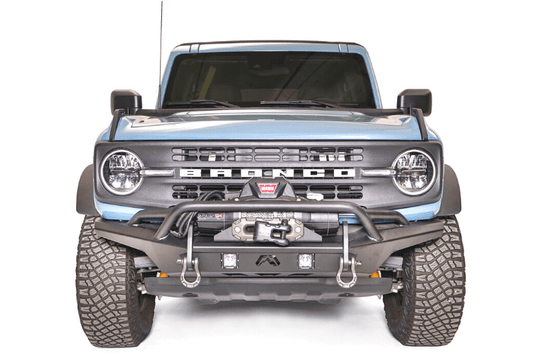 Fab Fours FB21-B5252-1 stubby front bumper with pre-runner guard on 2021-2024 Ford Bronco, designed for high clearance, rugged off-road protection, and enhanced grille defense