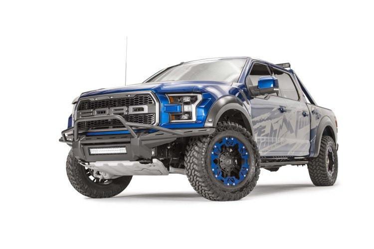 Fab Fours FF17-D4372-1 Aero front bumper with pre-runner guard on 2017-2020 Ford F-150 Raptor, heavy-duty off-road bumper with aggressive styling and grille protection