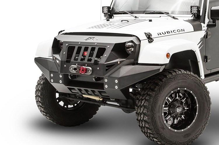 Fab Fours GR1010-1 Full Width Grumper Front Bumper for Jeep Wrangler JK 2007-2018 – aggressive steel design with winch-ready capability and integrated grille for off-road protection.