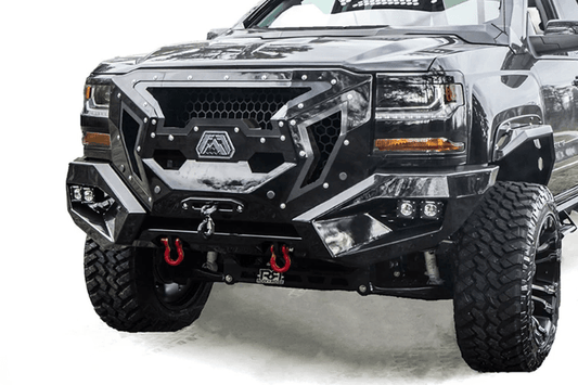 Fab Fours GR3800-1 Grumper Front Bumper for 2016-2018 Chevy Silverado 1500, winch ready with integrated sensor holes and aggressive front-end styling.