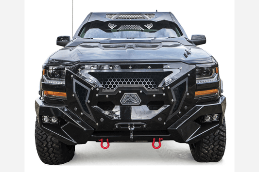 Fab Fours GR3800-1 Grumper Front Bumper for 2016-2018 Chevy Silverado 1500, winch ready with integrated sensor holes and aggressive front-end styling.