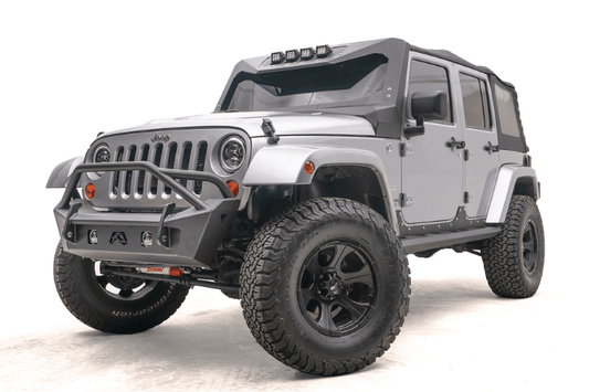 Fab Fours JK07-B1952-1 stubby front bumper with pre-runner guard on 2007-2018 Jeep Wrangler JK, rugged off-road bumper offering extra grille protection and winch compatibility