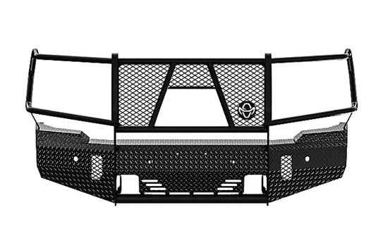Ranch Hand FSG201BL1C Summit Front Bumper for 2020–2023 GMC Sierra 2500HD and 3500HD, featuring durable black powder-coated steel and compatibility with factory front camera systems.