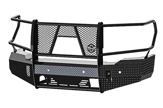 Ranch Hand FSG201BL1C Summit Front Bumper for 2020–2023 GMC Sierra 2500HD and 3500HD, featuring durable black powder-coated steel and compatibility with factory front camera systems.