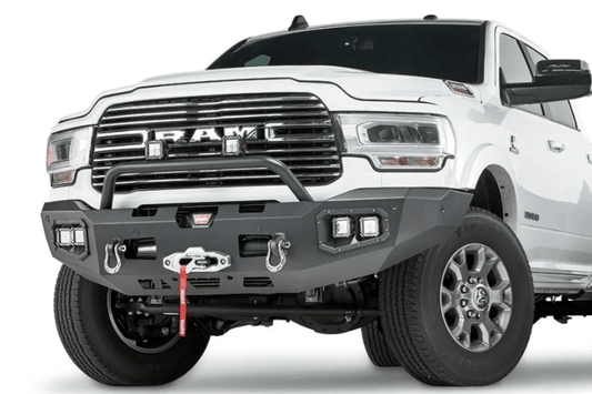 Warn 104256 Ascent Front Bumper for 2019–2024 Dodge Ram 2500/3500, durable winch-ready steel bumper with aggressive off-road styling and factory sensor compatibility.