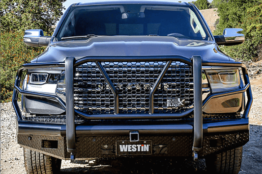 Westin 58-31195 HDX Bandit Front Bumper for 2019-2025 Dodge Ram 2500/3500, black, non-winch design with a durable black finish, providing heavy-duty front-end protection and rugged styling.