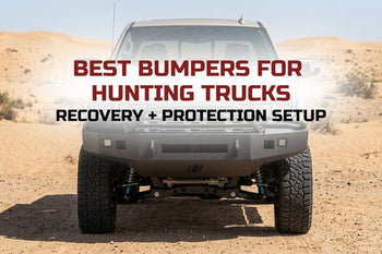 Fab Fours Matrix front bumper with pre-runner guard installed on a Ford F-150 hunting truck