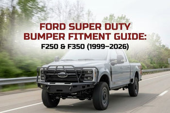 ford super duty bumper fitment guide f250 f350 1999-2026 truck with aftermarket front bumper driving view