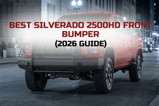 Chevy Silverado 2500HD with heavy-duty front bumper and grille guard driving in urban setting at night