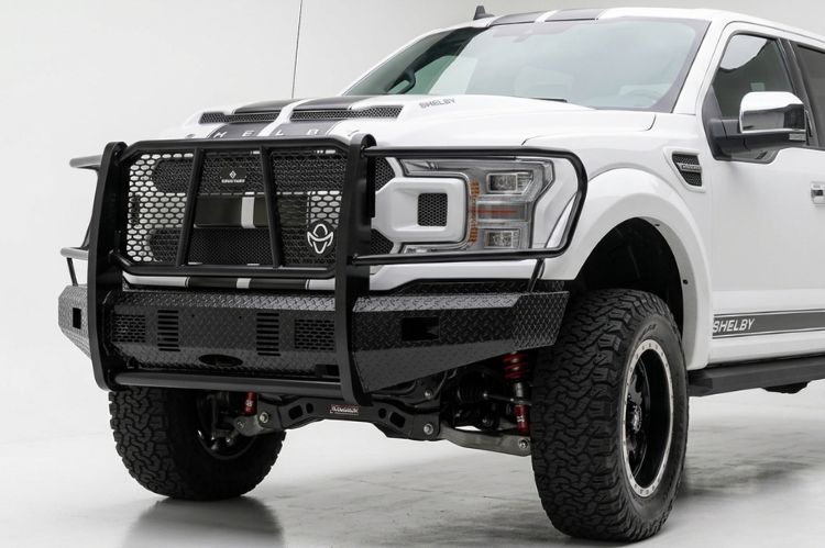 Gloss black Ranch Hand Summit front bumper with integrated grille guard on a 2018 Ford F150.