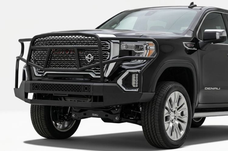 Heavy-duty Ranch Hand Midnight front replacement bumper with full grille guard on a 2020 GMC Sierra 1500.