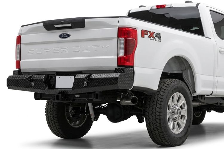 Close‑up of Ford Super Duty rear bumper detailing reinforced craftsmanship.