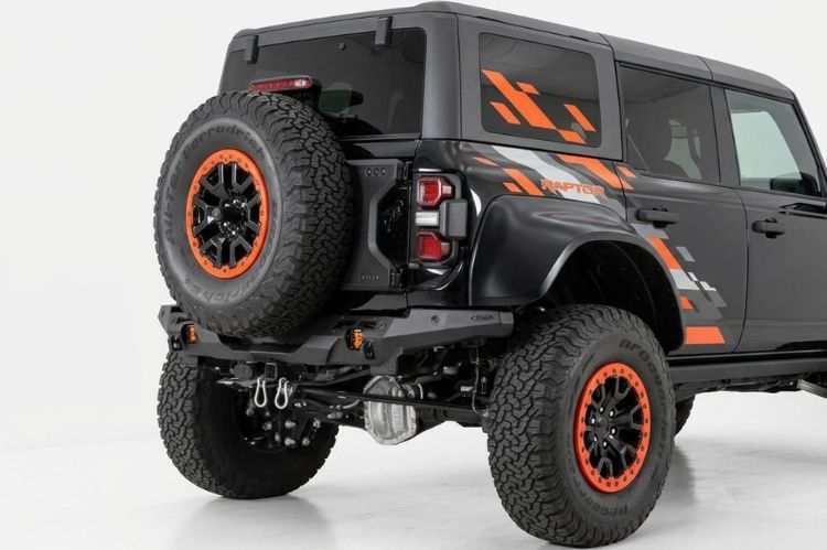Side profile of Ford Bronco Raptor rear bumper highlighting rugged steel build.