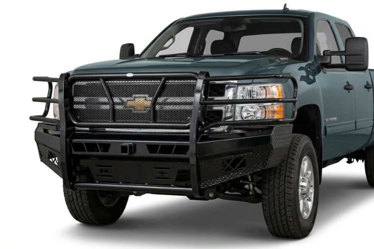 Frontier aftermarket front bumper for Chevy Silverado 2500/3500, heavy‑duty steel upgrade engineered for durability, towing strength, and rugged off‑road protection.