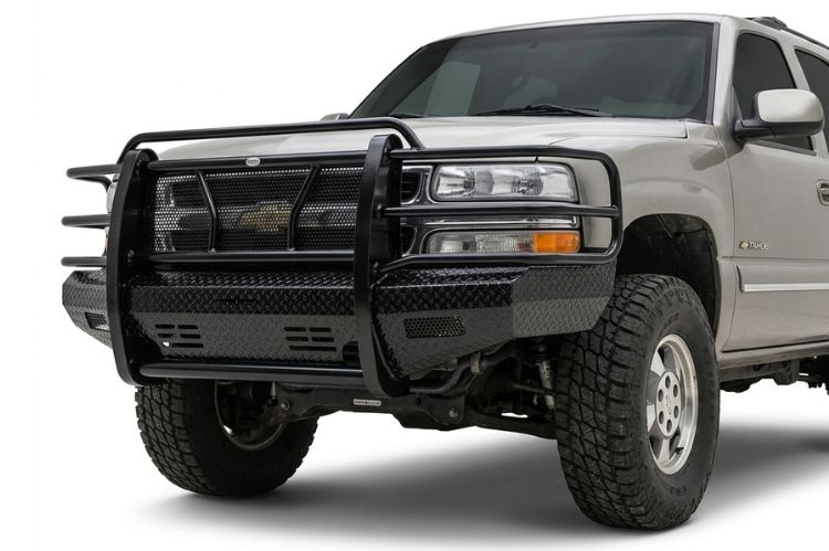 Frontier aftermarket front bumper for Chevy Tahoe and Suburban, heavy‑duty steel upgrade engineered for durability, towing strength, and rugged off‑road protection.