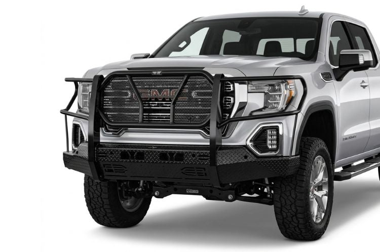 Frontier aftermarket front bumper for GMC Sierra 1500, heavy‑duty steel upgrade engineered for durability, towing strength, and rugged off‑road protection.