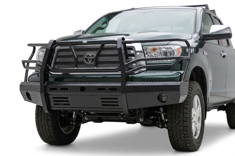 Frontier aftermarket front bumper for Toyota Tundra, heavy‑duty steel upgrade engineered for durability, towing strength, and rugged off‑road protection.