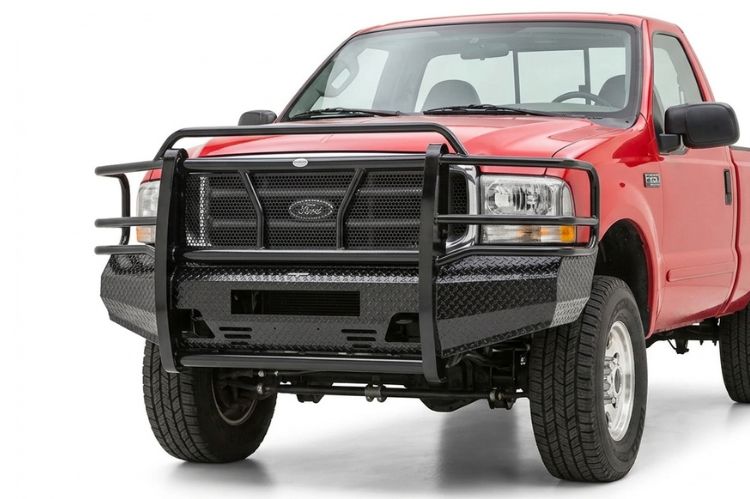 Frontier aftermarket front bumper for Ford F250/F350 Super Duty, heavy‑duty steel upgrade engineered for durability, towing strength, and rugged off‑road protection.