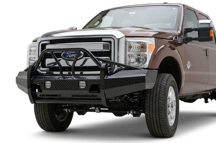 Frontier aftermarket front bumper for Ford F450/F550 Super Duty, heavy‑duty steel upgrade engineered for durability, towing strength, and rugged off‑road protection.
