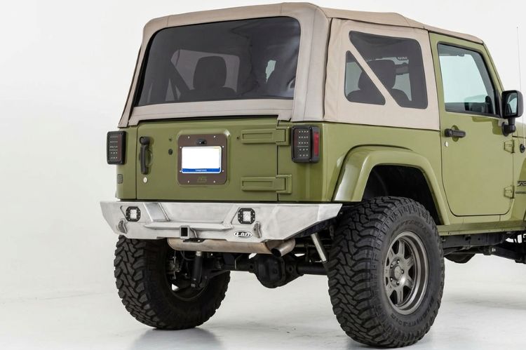 Close‑up of Jeep Wrangler JK rear bumper detailing reinforced craftsmanship.