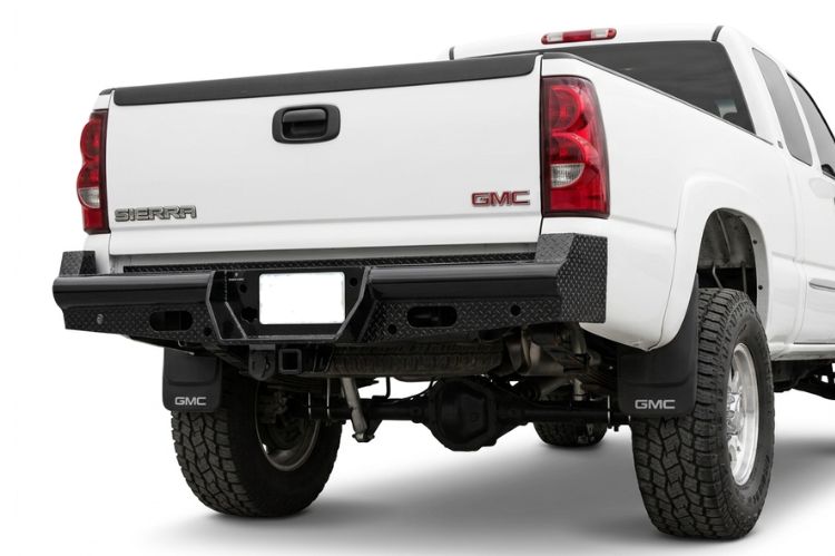 Ranch Hand aftermarket rear bumper for GMC Yukon and Yukon XL, heavy‑duty steel upgrade engineered for durability, towing support, and rugged off‑road protection.