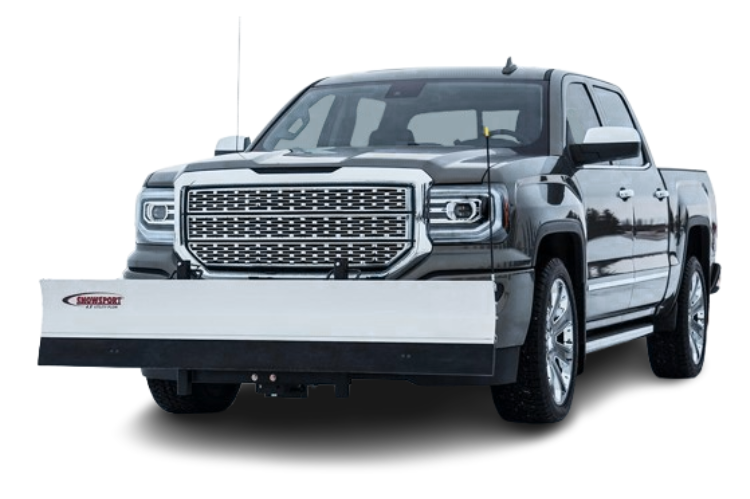 Heavy-duty truck snow plow clearing snow from a driveway with rugged front blade attachment