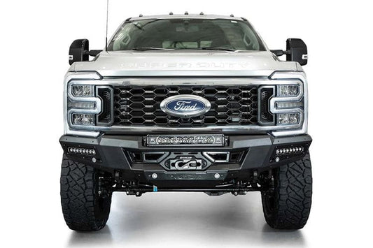 White Ford Superduty truck's front end showcasing the ADD F810335070103 black Phantom winch bumper, model years 2023-2025