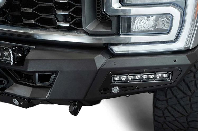 White Ford Superduty truck's front end showcasing the ADD F810335070103 black Phantom winch bumper, model years 2023-2025