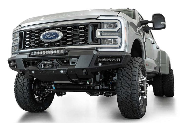 White Ford Superduty truck's front end showcasing the ADD F810335070103 black Phantom winch bumper, model years 2023-2025