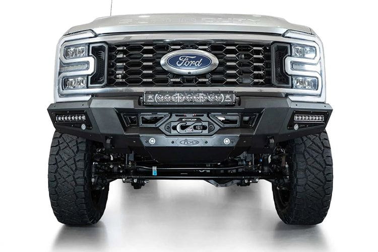 White Ford Superduty truck's front end showcasing the ADD F810335070103 black Phantom winch bumper, model years 2023-2025