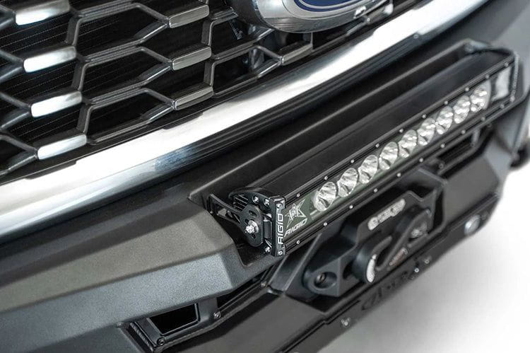 White Ford Superduty truck's front end showcasing the ADD F810335070103 black Phantom winch bumper, model years 2023-2025