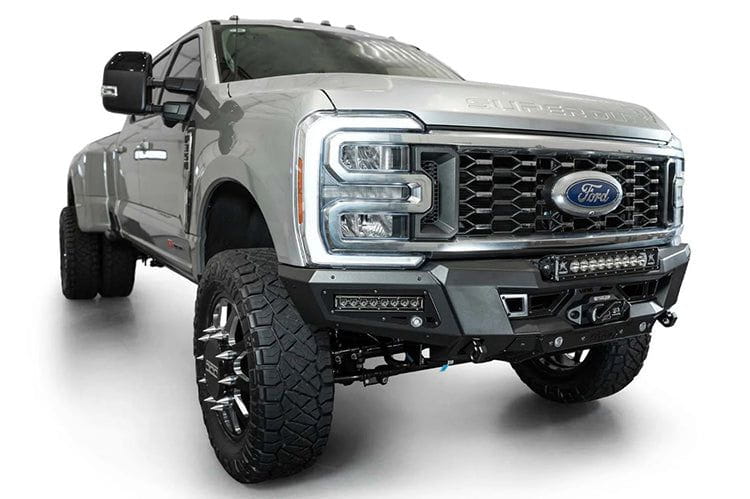 White Ford Superduty truck's front end showcasing the ADD F810335070103 black Phantom winch bumper, model years 2023-2025
