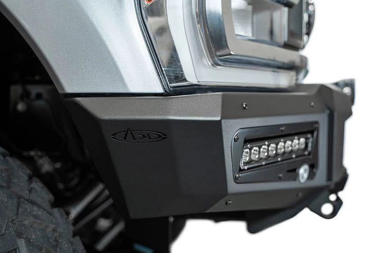 White Ford Superduty truck's front end showcasing the ADD F810335070103 black Phantom winch bumper, model years 2023-2025