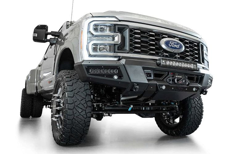 White Ford Superduty truck's front end showcasing the ADD F810335070103 black Phantom winch bumper, model years 2023-2025