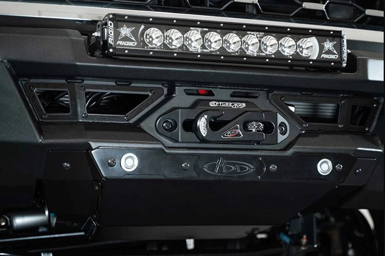 White Ford Superduty truck's front end showcasing the ADD F810335070103 black Phantom winch bumper, model years 2023-2025