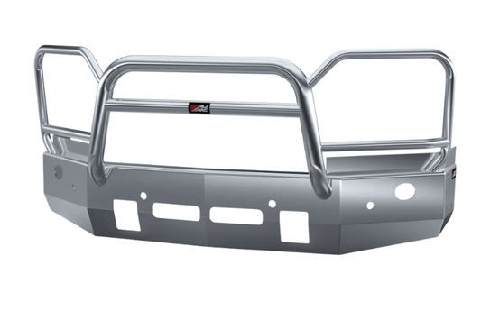Ali Arc Guardian GMG196LS aluminum front bumper for 2024-2025 GMC Sierra 2500/3500 with light and sensor cutouts, heavy-duty aftermarket design