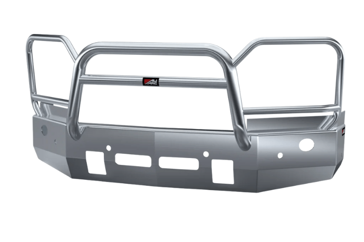 Ali Arc Guardian GMG196LS aluminum front bumper for 2024-2025 GMC Sierra 2500/3500 with light and sensor cutouts, heavy-duty aftermarket design