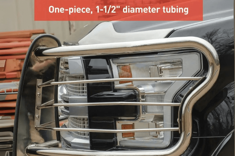 Polished stainless steel Aries Grille Guard 3071-2 installed on Ford F150 for heavy-duty front-end protection