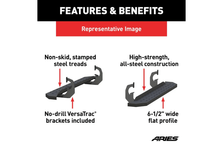 Black steel Aries RidgeStep truck steps for Dodge Ram 1500, built for durability.