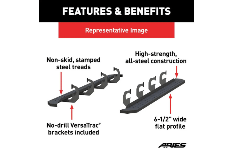 Black steel Aries RidgeStep running boards for Dodge Ram 1500 with rugged grip.