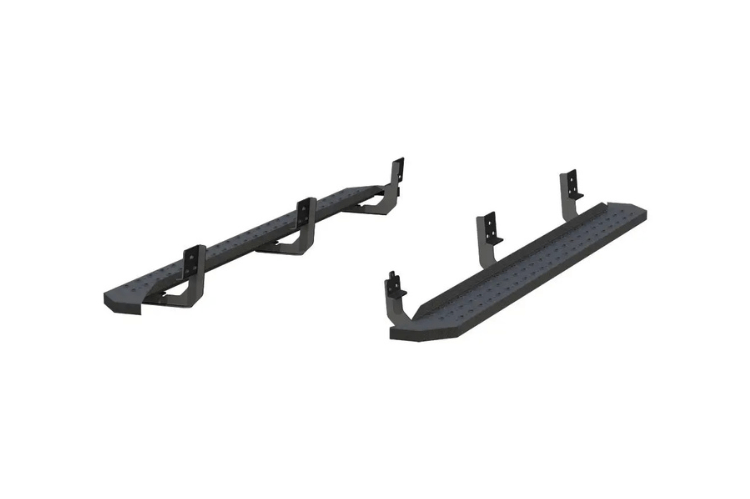 Steel Aries RidgeStep running boards with black finish for Dodge Ram 2500/3500 trucks.