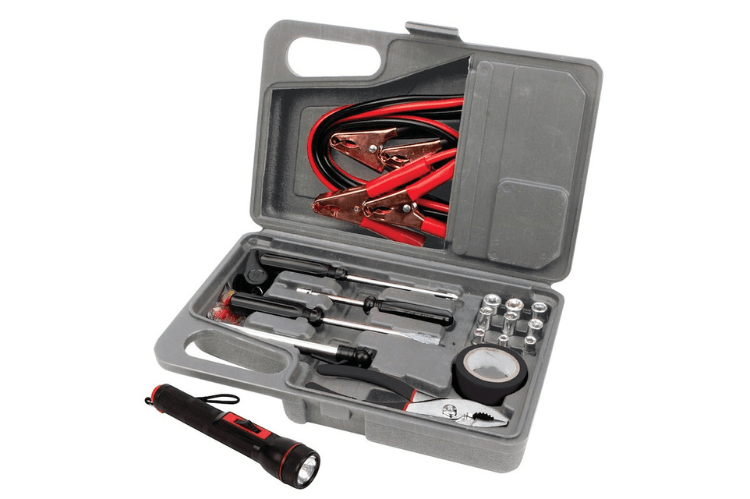 Tool kit with flashlight, pliers, and other tools in a gray case.
