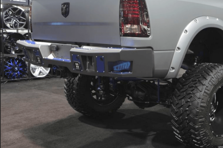 Bodyguard DFR19BYLB A2 rear bumper for 2019–2026 Dodge Ram 2500/3500, a heavy-duty back bumper replacement with sensor and light cutouts — ideal aftermarket back bumper upgrade for tough truck protection