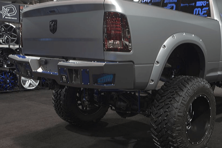 Bodyguard DFR19BYLB A2 rear bumper for 2019–2026 Dodge Ram 2500/3500, a heavy-duty back bumper replacement with sensor and light cutouts — ideal aftermarket back bumper upgrade for tough truck protection