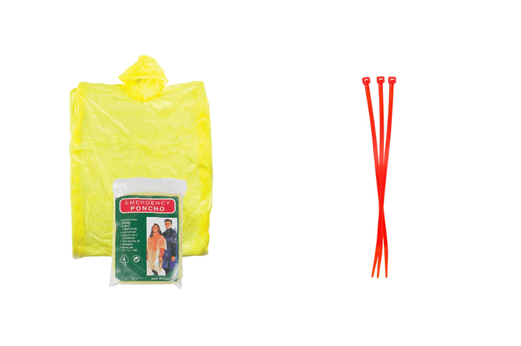 Yellow poncho, a package labeled 'Poncho Procho', and red cable ties.