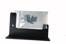 Black metal bracket with a clear plastic bag containing small metal components on a white background