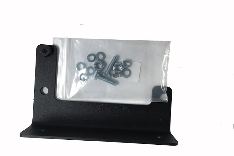 Black metal bracket with a clear plastic bag containing small metal components on a white background