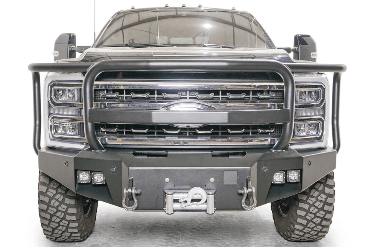 Fab Fours bumper with deer guard, aftermarket winch-ready front bumper for Ford F250/F350 2023-2024