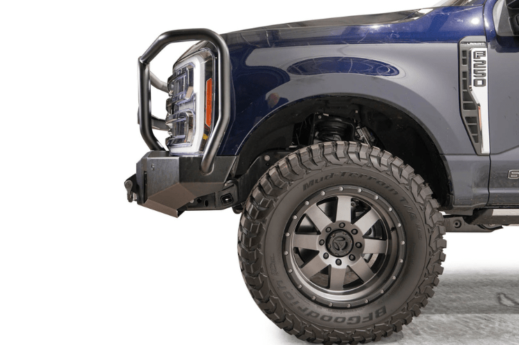 Fab Fours bumper with deer guard, aftermarket winch-ready front bumper for Ford F250/F350 2023-2024