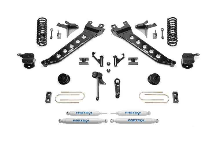 Fabtech 7" Suspension Lift Kit K3147 for 2013-2018 Ram 3500 with radius arms, coil springs, and performance shocks